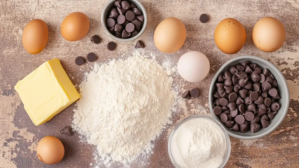 Measured ingredients for chocolate chip cookies on a countertop, including flour, butter, sugar, eggs, and chocolate chips.