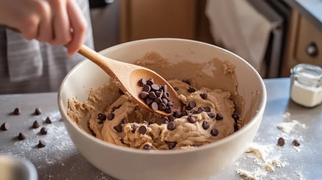 A hand mixing cookie dough in a bowl with chocolate chips being folded in.