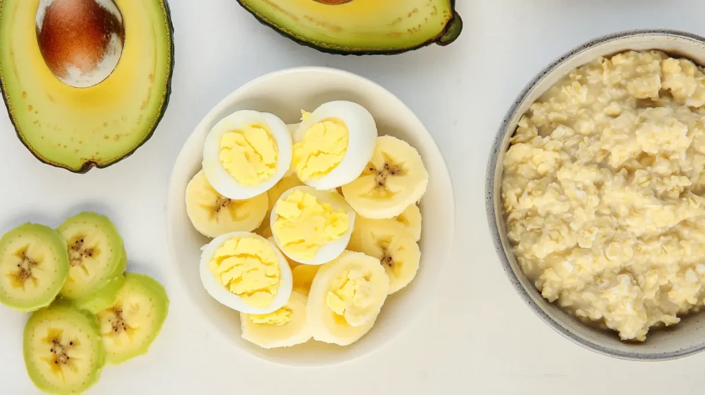 A colorful display of healthy baby breakfast foods like avocado, eggs, and fruit.