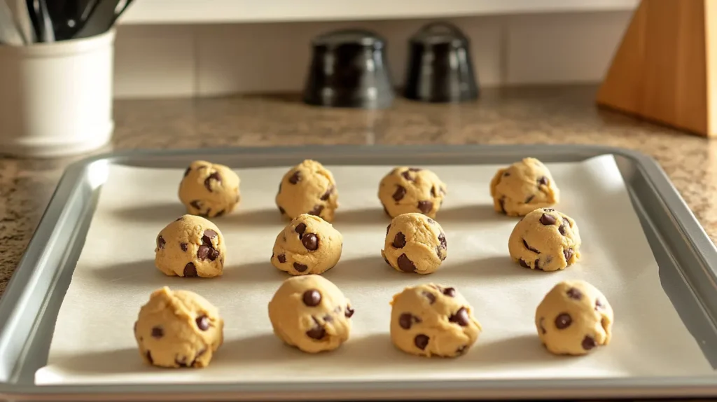 Cookie dough scoops placed evenly on a baking sheet lined with parchment paper.