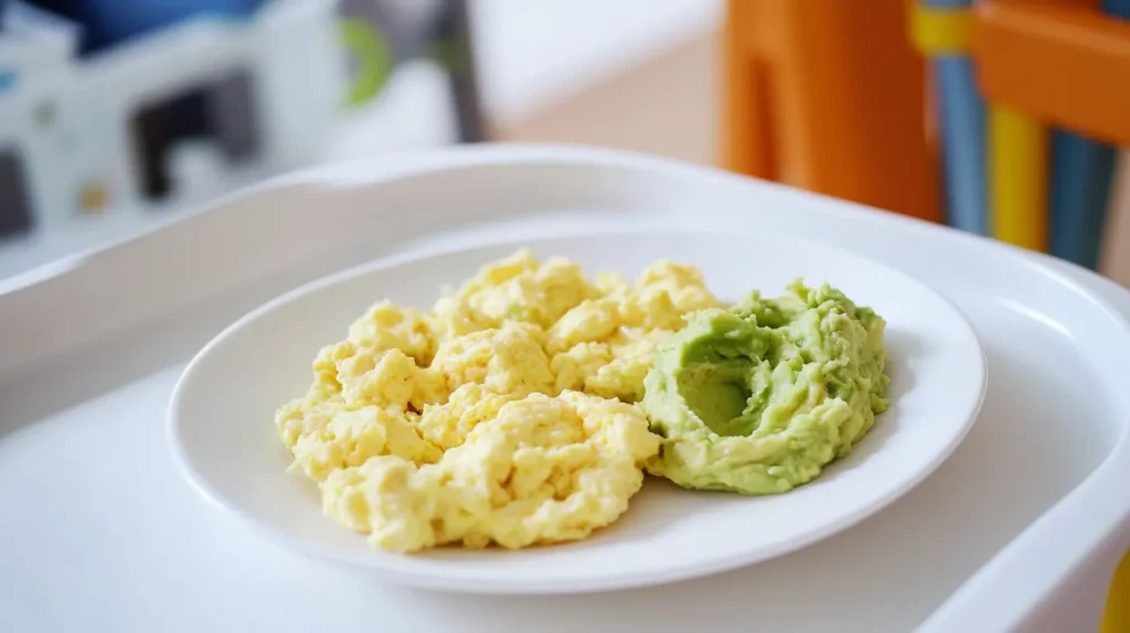 Soft scrambled eggs served alongside mashed avocado for babies.
