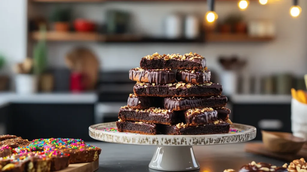 A stack of brookies with different toppings like nuts and sprinkles.