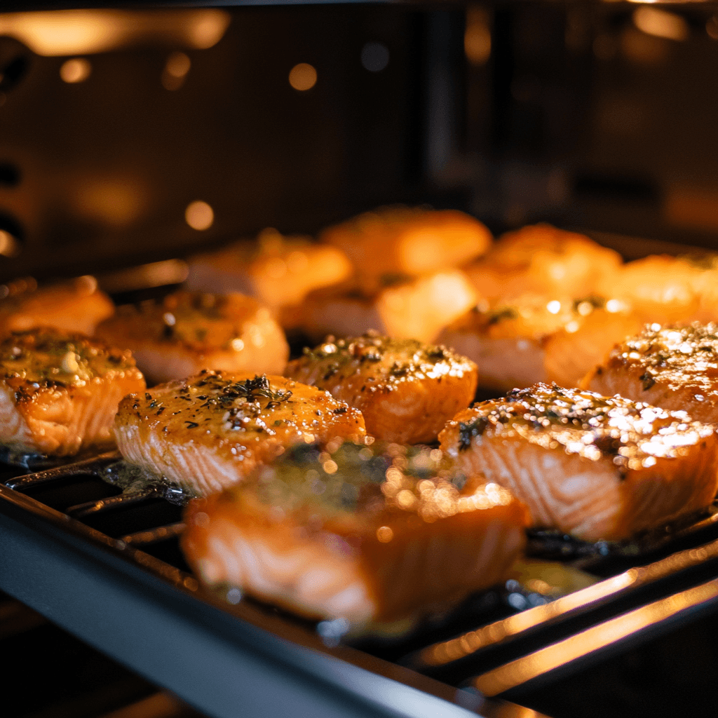 Salmon bites baking in an oven.