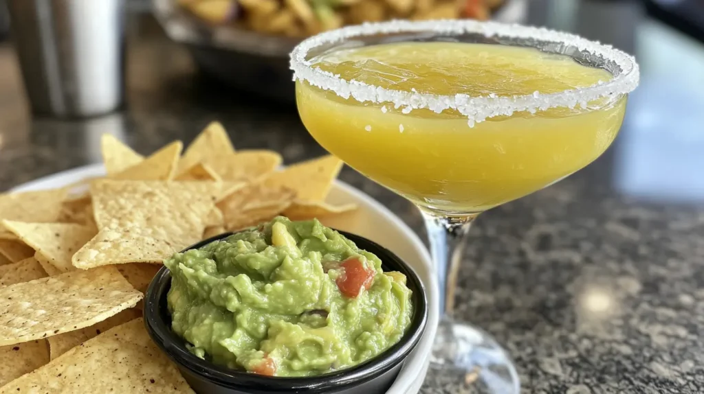 A mango margarita served with tortilla chips and guacamole