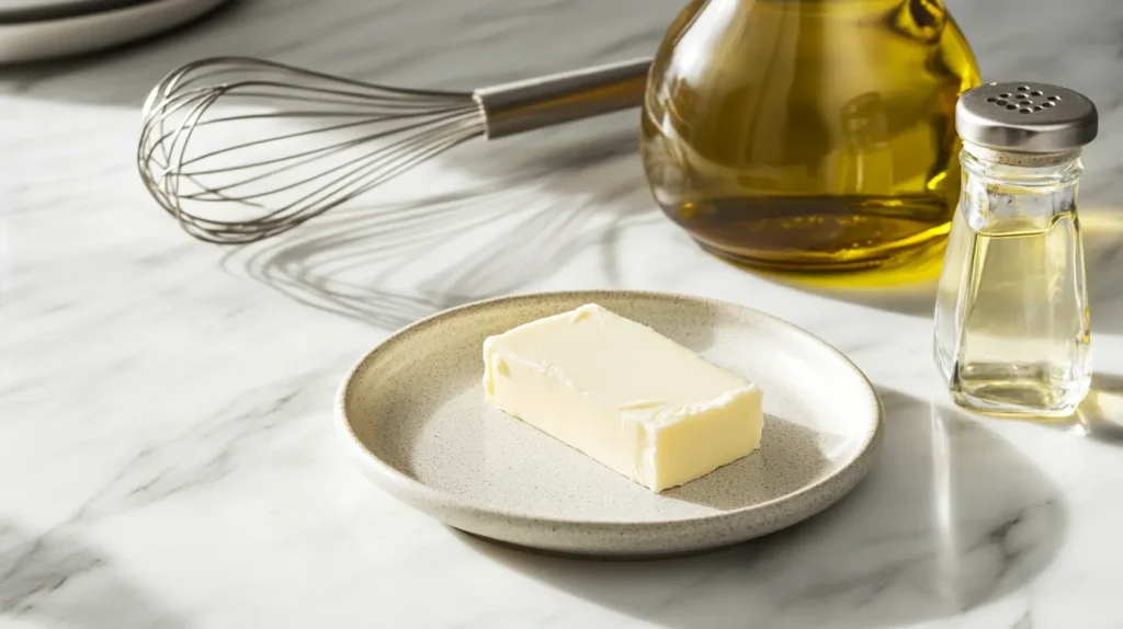 A stick of butter next to a bottle of oil on a countertop.