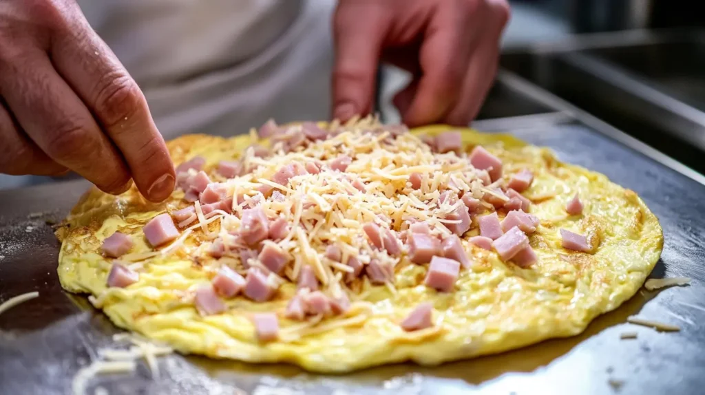 Chef adding ham and cheese to an omelet