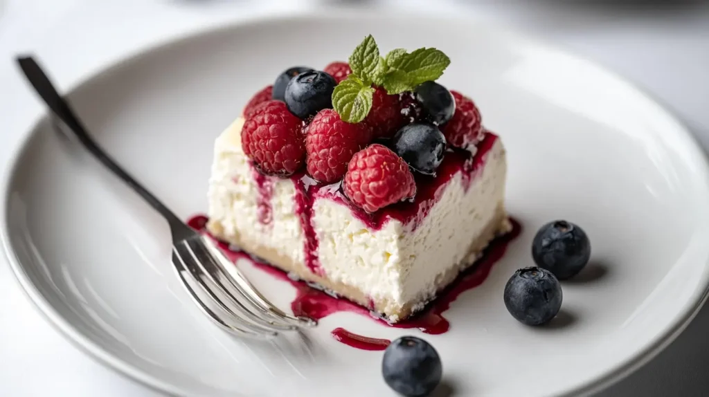 A creamy cottage cheese cheesecake topped with fresh berries