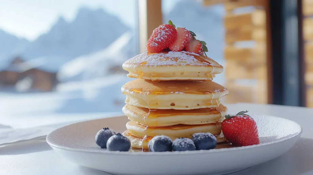 Cottage cheese pancakes served with fresh berries and syrup