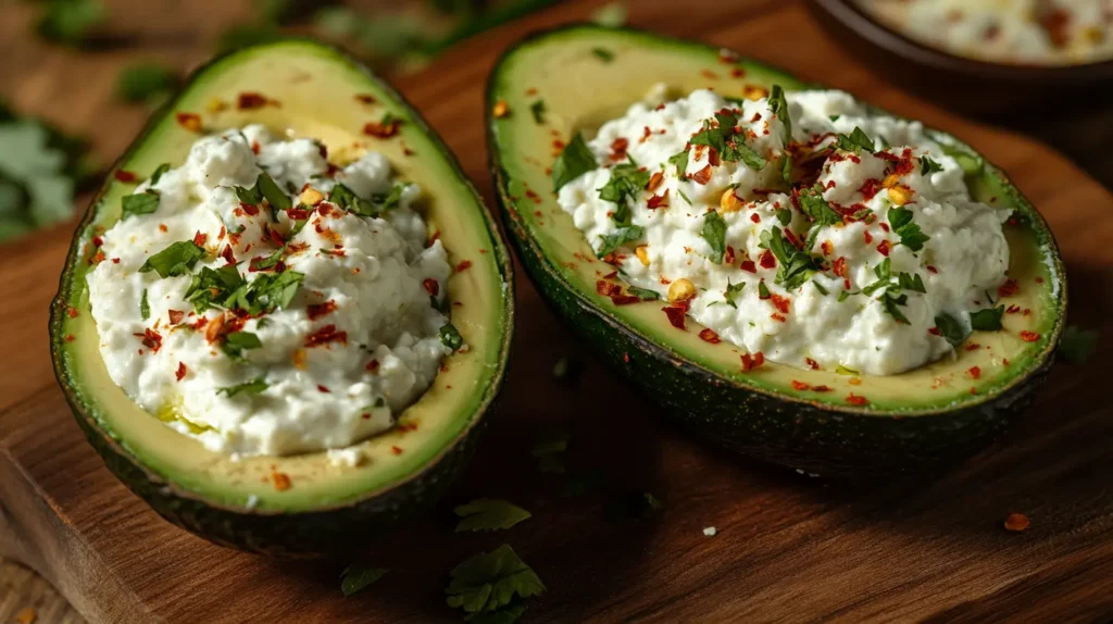 Stuffed avocado halves filled with creamy cottage cheese and herbs
