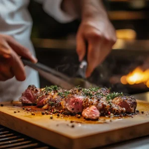 A chef preparing drake meat in a modern kitchen.