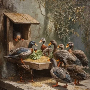 Domesticated drakes eating from a feeder on a farm.