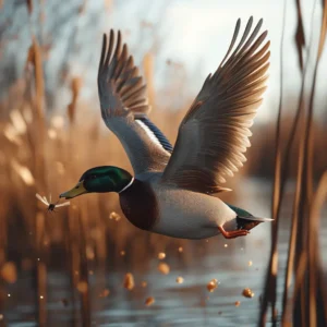 A drake catching an insect mid-flight near water.