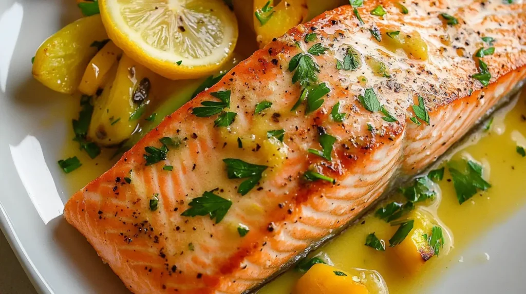 Garlic lemon butter salmon with steamed vegetables on a white plate.