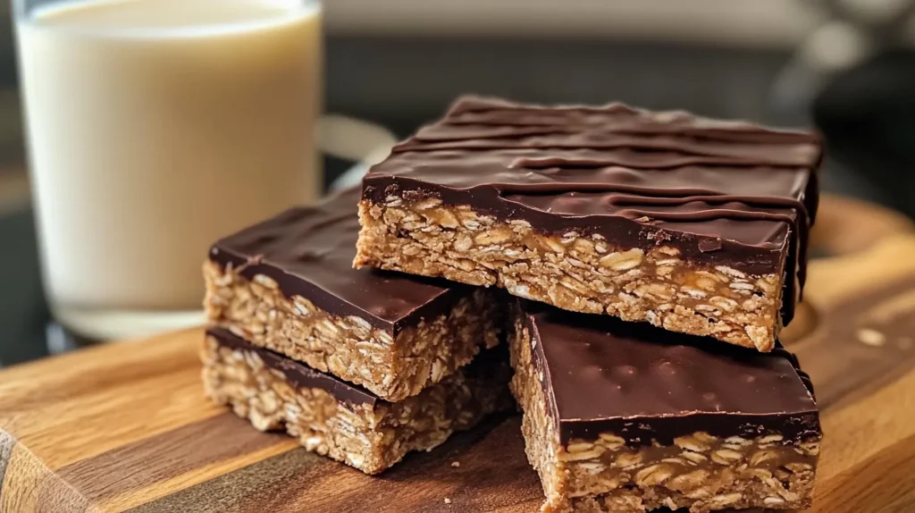 Homemade gluten-free protein bars with dark chocolate drizzle