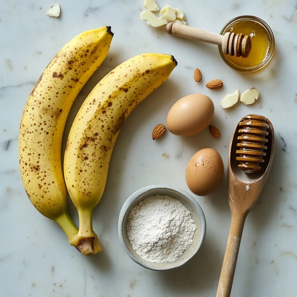 Bananas, eggs, almond flour, and honey on a kitchen counter.