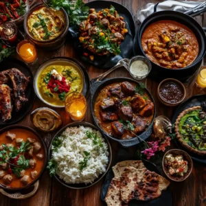 A festive table spread featuring goat meat dishes from different cultures.