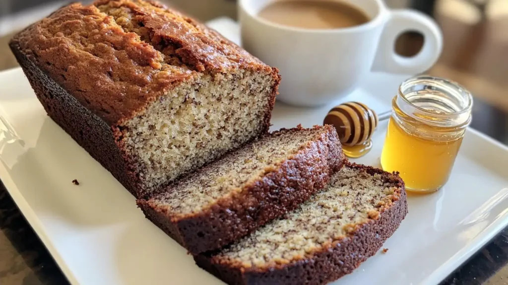 Sliced gluten-free banana bread with coffee and honey.
