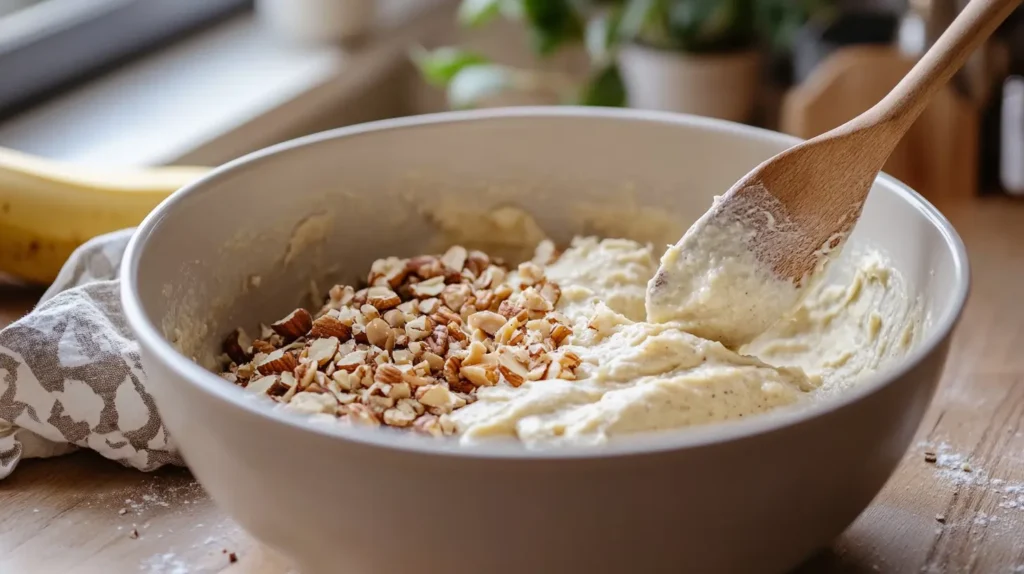 Mixing gluten-free banana nut muffin batter in a bowl.