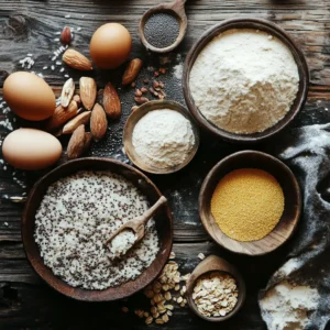 Ingredients used in gluten-free bread displayed on a table.