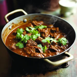 A pot of goat curry simmering with spices and garnished with cilantro.