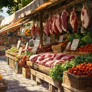 A market stall displaying raw goat meat cuts labeled with regional names like chevon and cabrito.