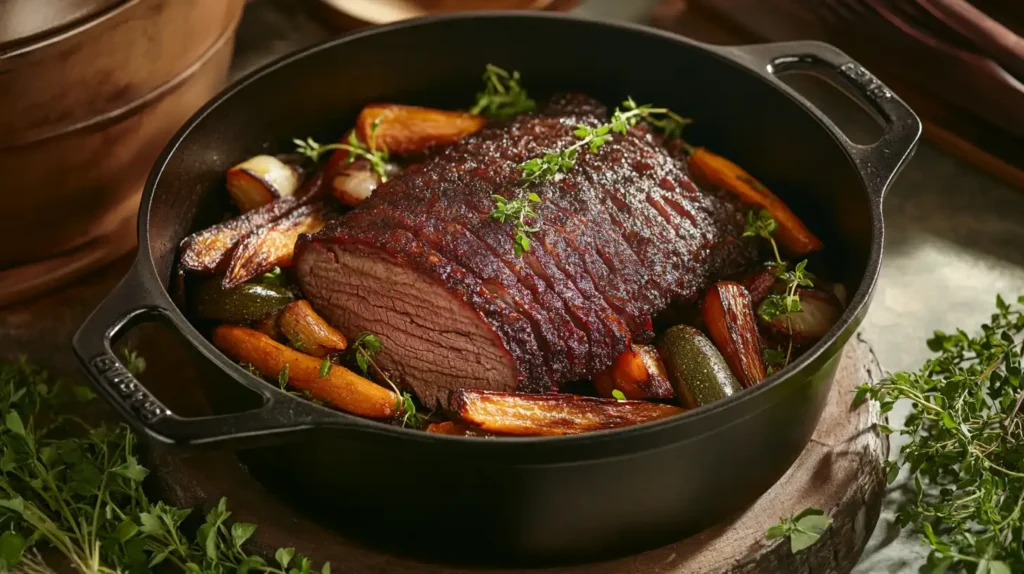 A slow-cooked brisket with roasted carrots and onions in a Dutch oven.