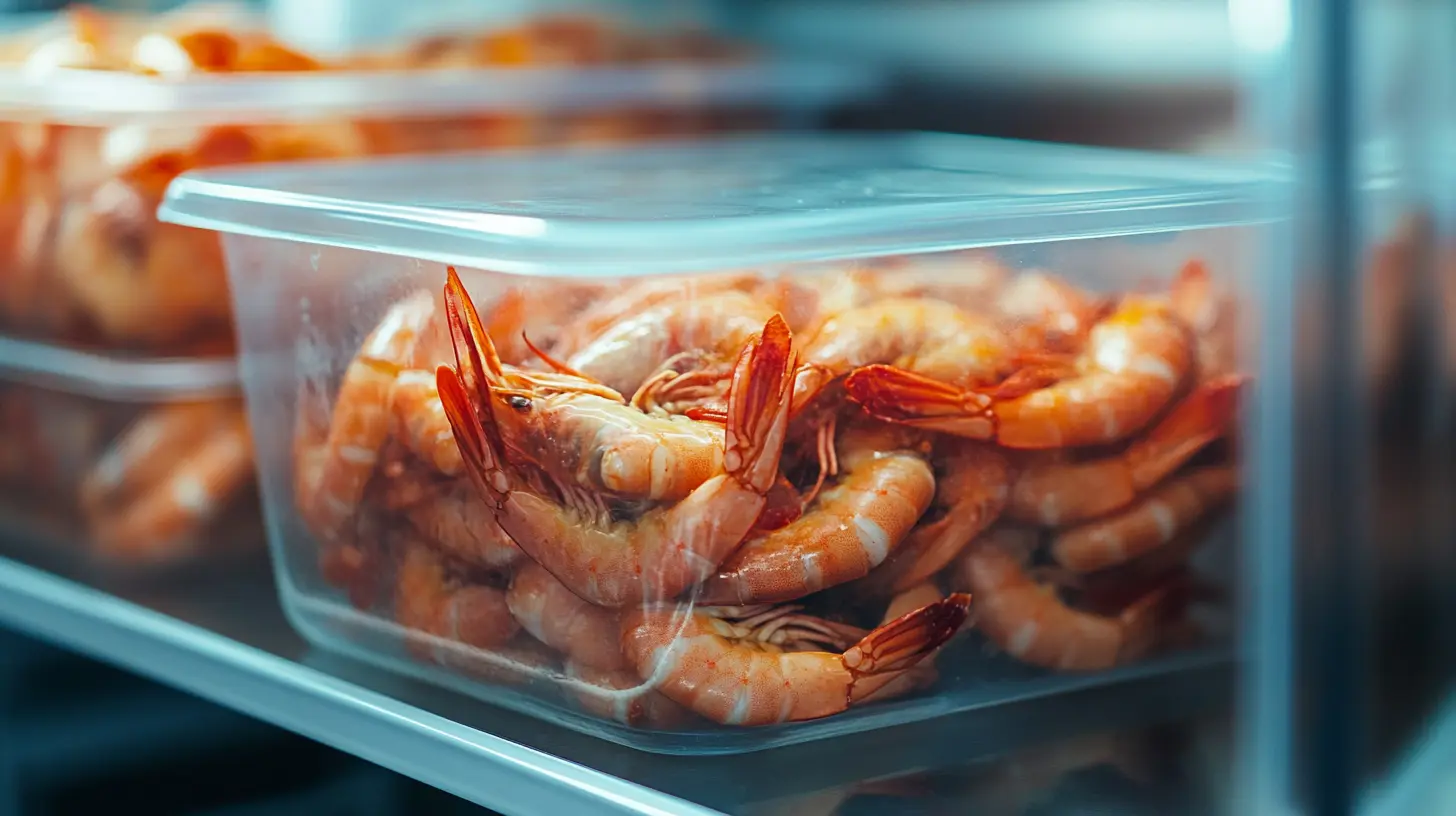 Cooked shrimp stored in a glass airtight container.