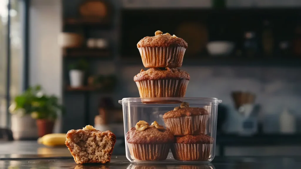 Gluten-free banana nut muffins stored in an airtight container