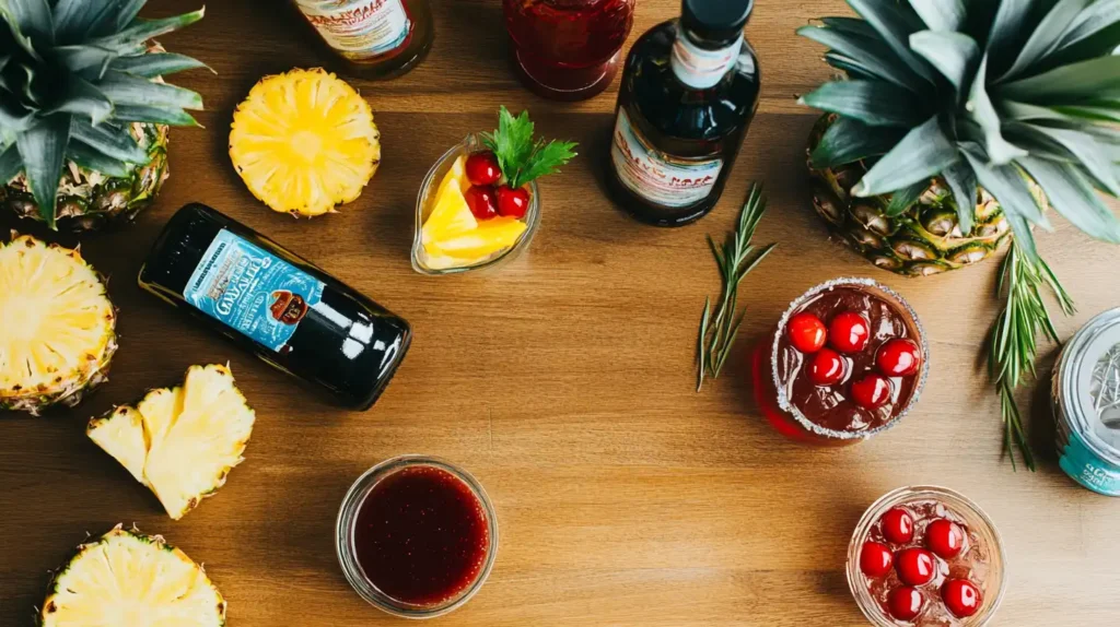 Fresh ingredients for a Bahama Mama, including rums, juices, and garnishes.