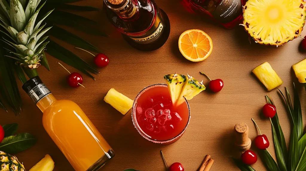 Core ingredients for a Bahama Mama, including rums, juices, and grenadine.