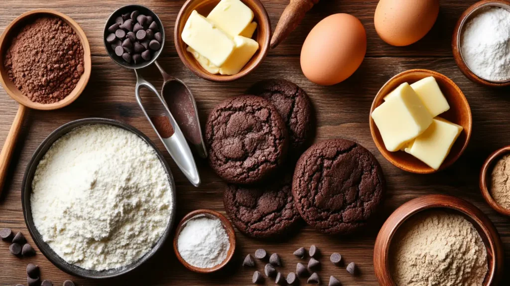 Ingredients for brookies, including chocolate, eggs, and flour.
