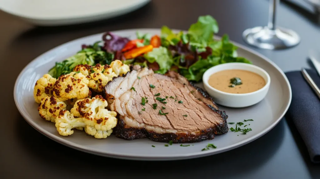 A keto-friendly brisket meal served with roasted cauliflower and a green salad.