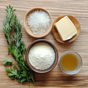 Ingredients for gluten-free turkey gravy, including rice flour, butter, and turkey broth.
