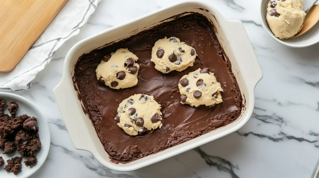 A brookie batter being layered in a baking dish.