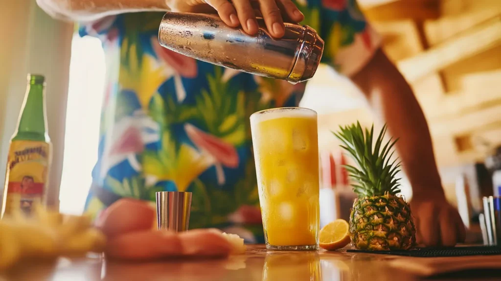A bartender shaking a Bahama Mama cocktail.