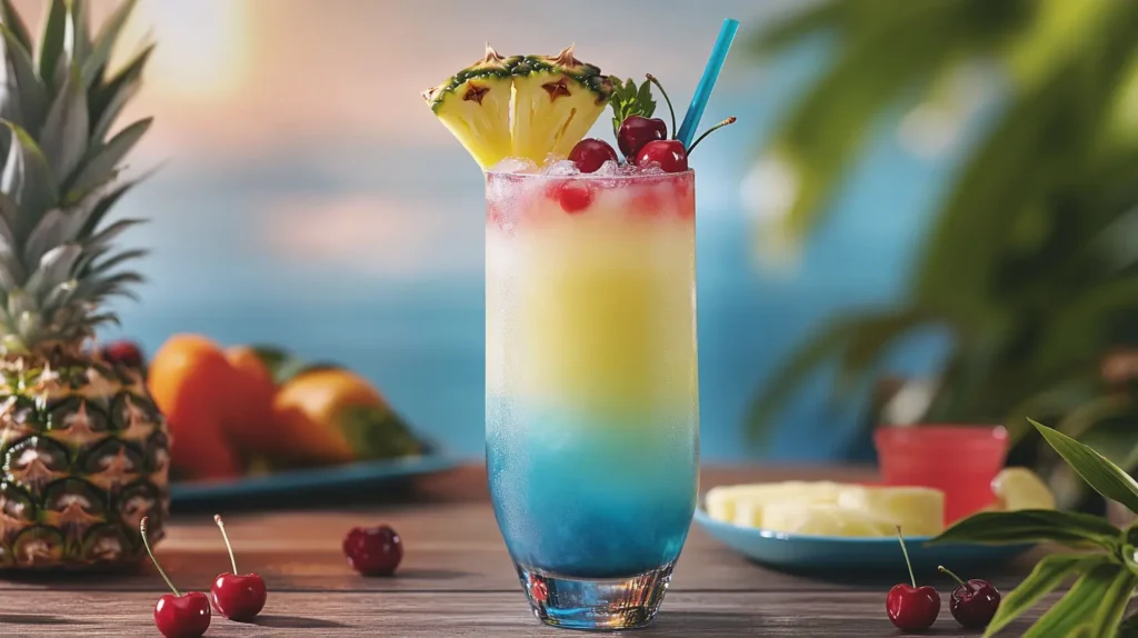 A non-alcoholic Bahama Mama served in a tall glass.