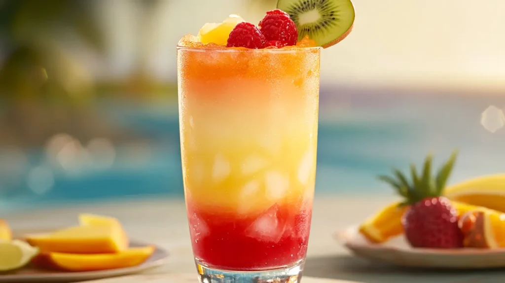 A non-alcoholic Bahama Mama in a tall glass with vibrant garnishes