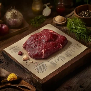 A nutrient chart for drake meat alongside a raw meat cut.