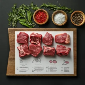 A detailed breakdown of goat meat’s nutrients displayed next to raw goat meat cuts