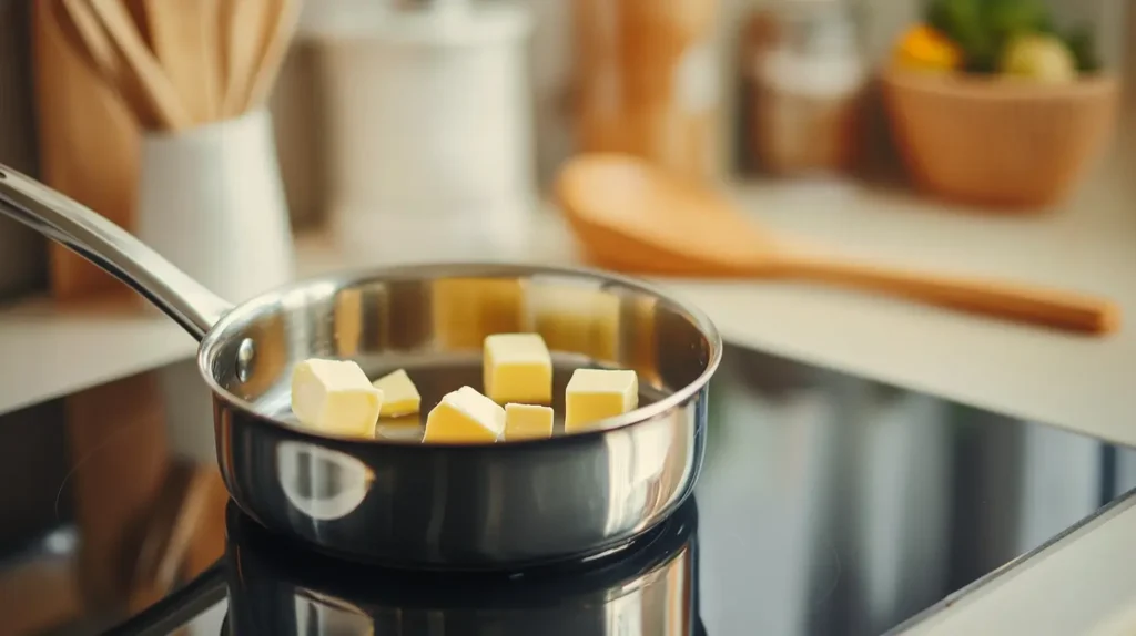 Butter cubes melting in a saucepan on a stovetop.