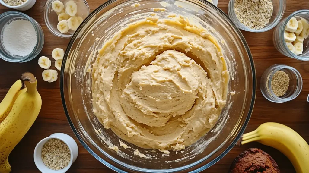 Mixing batter for gluten-free banana bread with fresh ingredients.