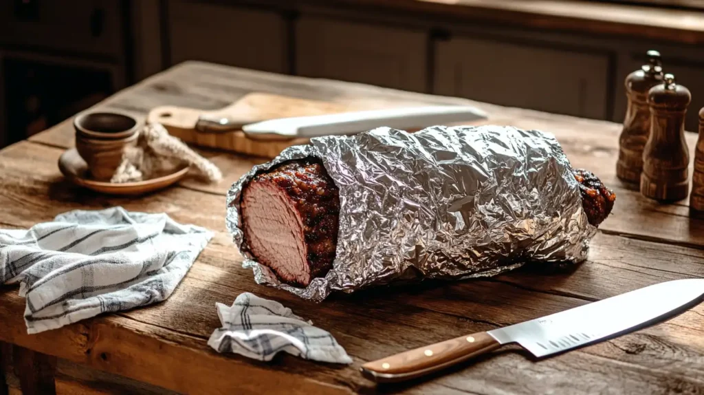 A brisket wrapped in foil resting on a wooden surface with a towel nearby.