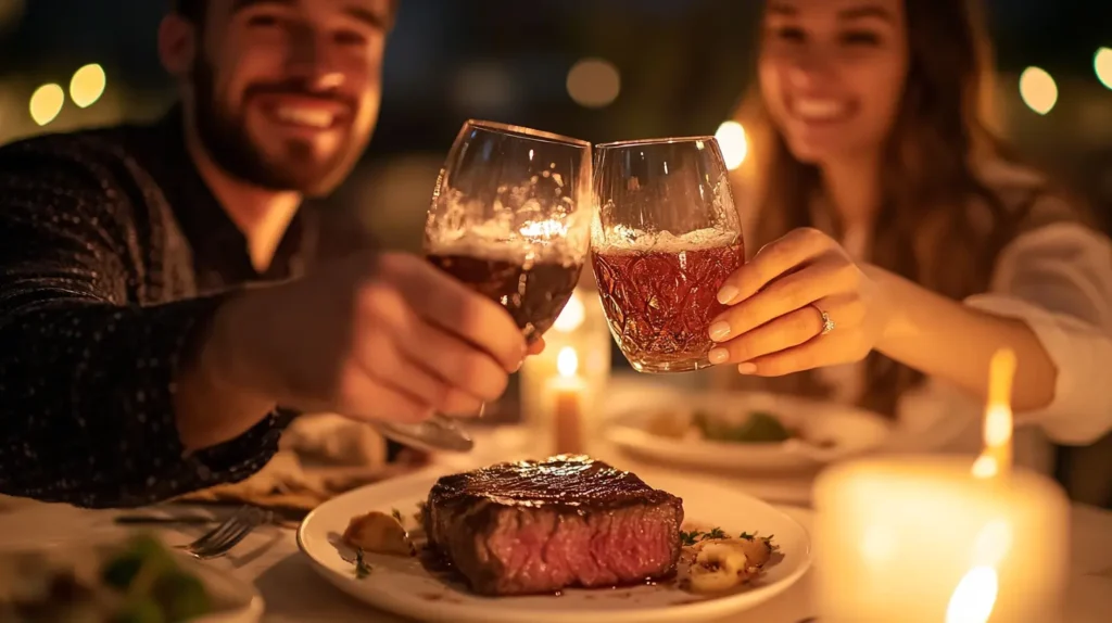 A couple enjoying a romantic dinner with steak and soda