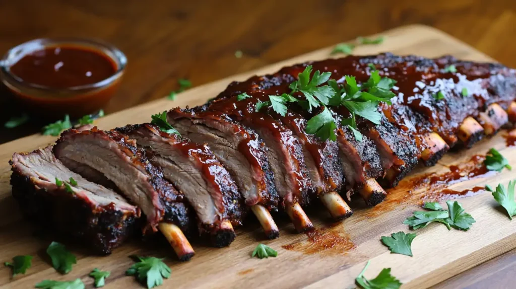 Smoked ribs with a caramelized crust, sliced and served on a wooden board.