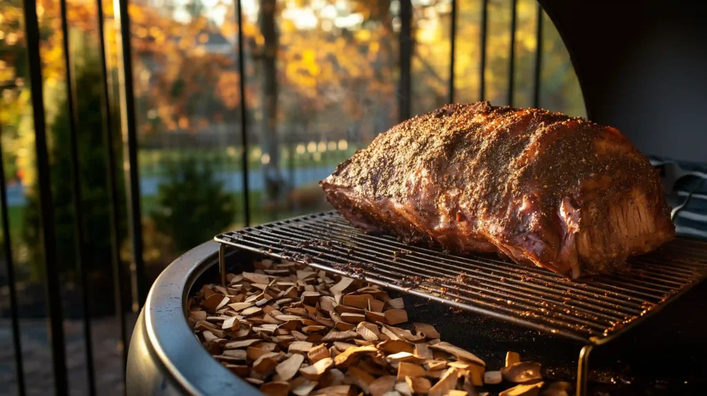 A large brisket cooking inside a smoker, with thin, blue smoke rising.