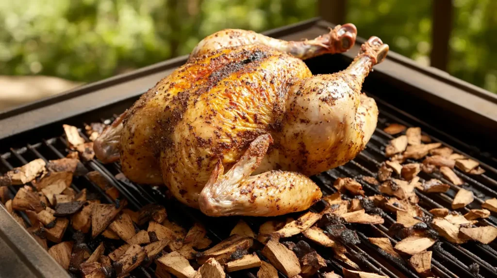 A whole chicken on a smoker grate with golden skin and light smoke rising.