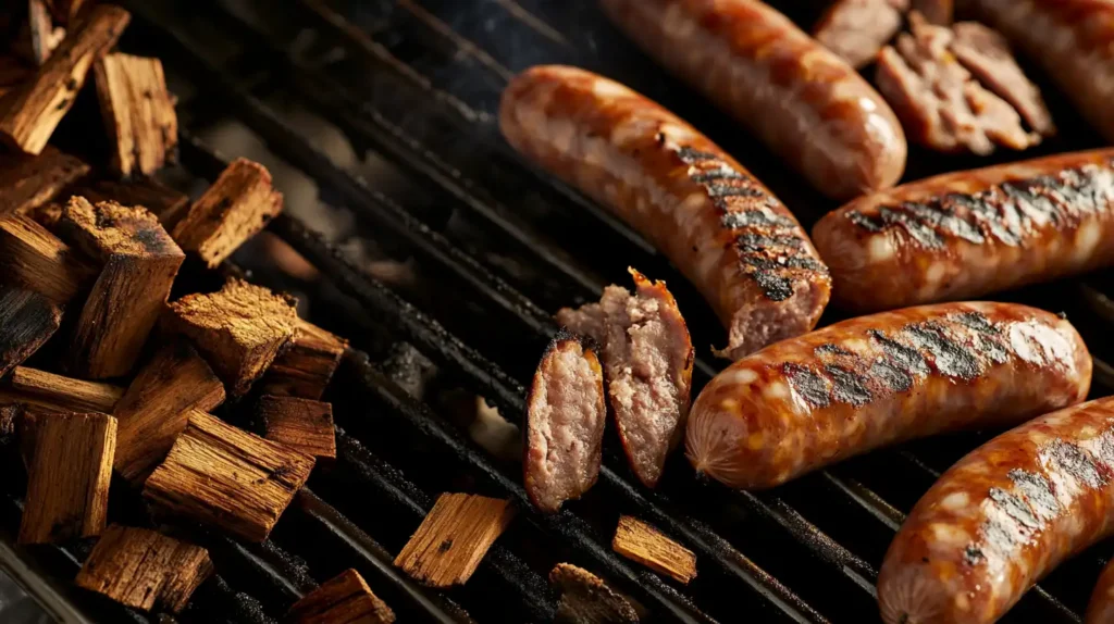 Sausages smoking on a grill with a light char and wood chips nearby.