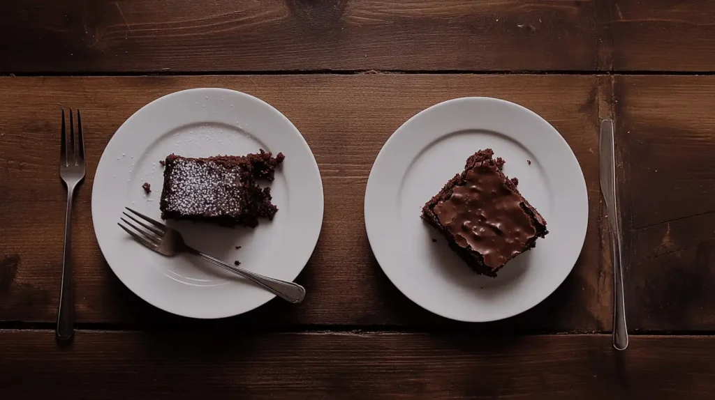 A plate showing two types of brownies: one fudgy, one cakey.