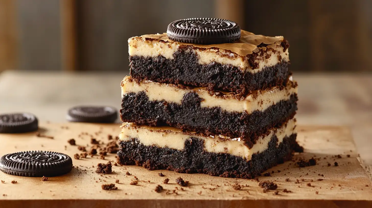 A close-up of layered slutty brownies with gooey chocolate and cookies.