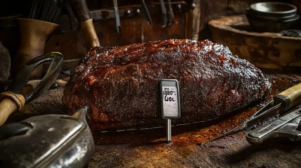 A close-up of a meat thermometer showing 200°F inserted into a brisket.